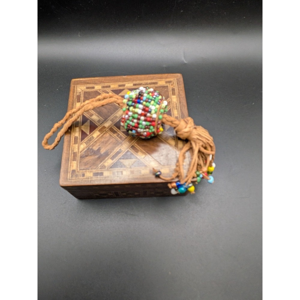 Vintage Marquetry Wood Jewelry Trinket Box Geometric Inlay Red Velvet Lining